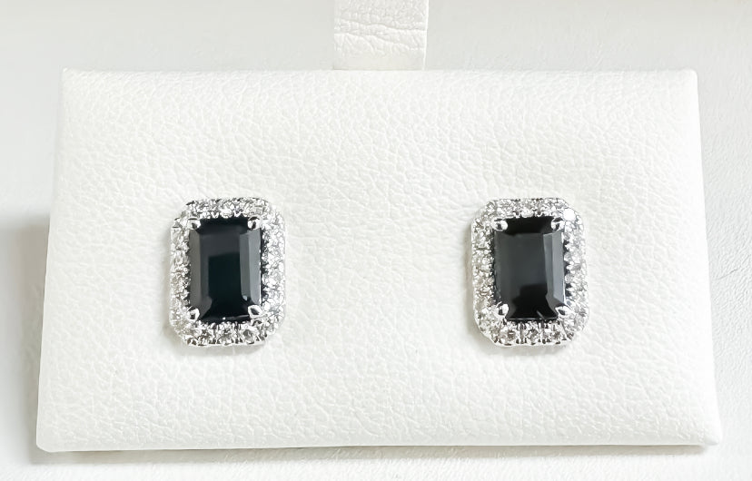 Emerald Cut Sapphire and Diamond Halo Earrings