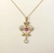 Handmade Art Deco Ruby and Pearl Pendant