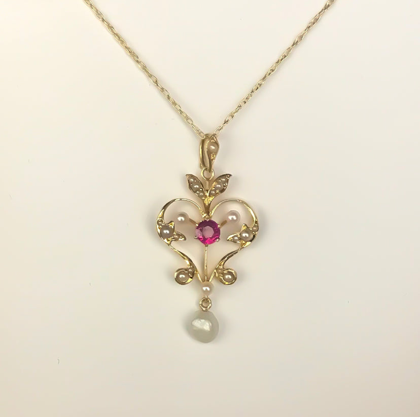 Handmade Art Deco Ruby and Pearl Pendant