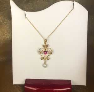 Handmade Art Deco Ruby and Pearl Pendant