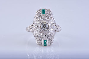 Antique Edwardian Platinum Diamond & Emerald Ring