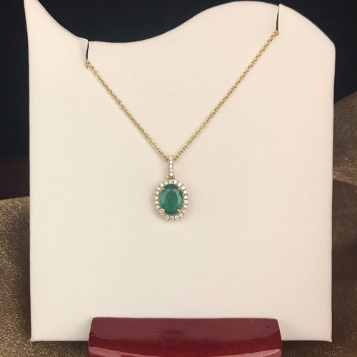 14Kt Yellow Gold Oval Emerald and Diamond Necklace