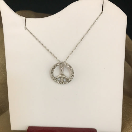 14Kt White Gold Diamond Peace Sign Necklace