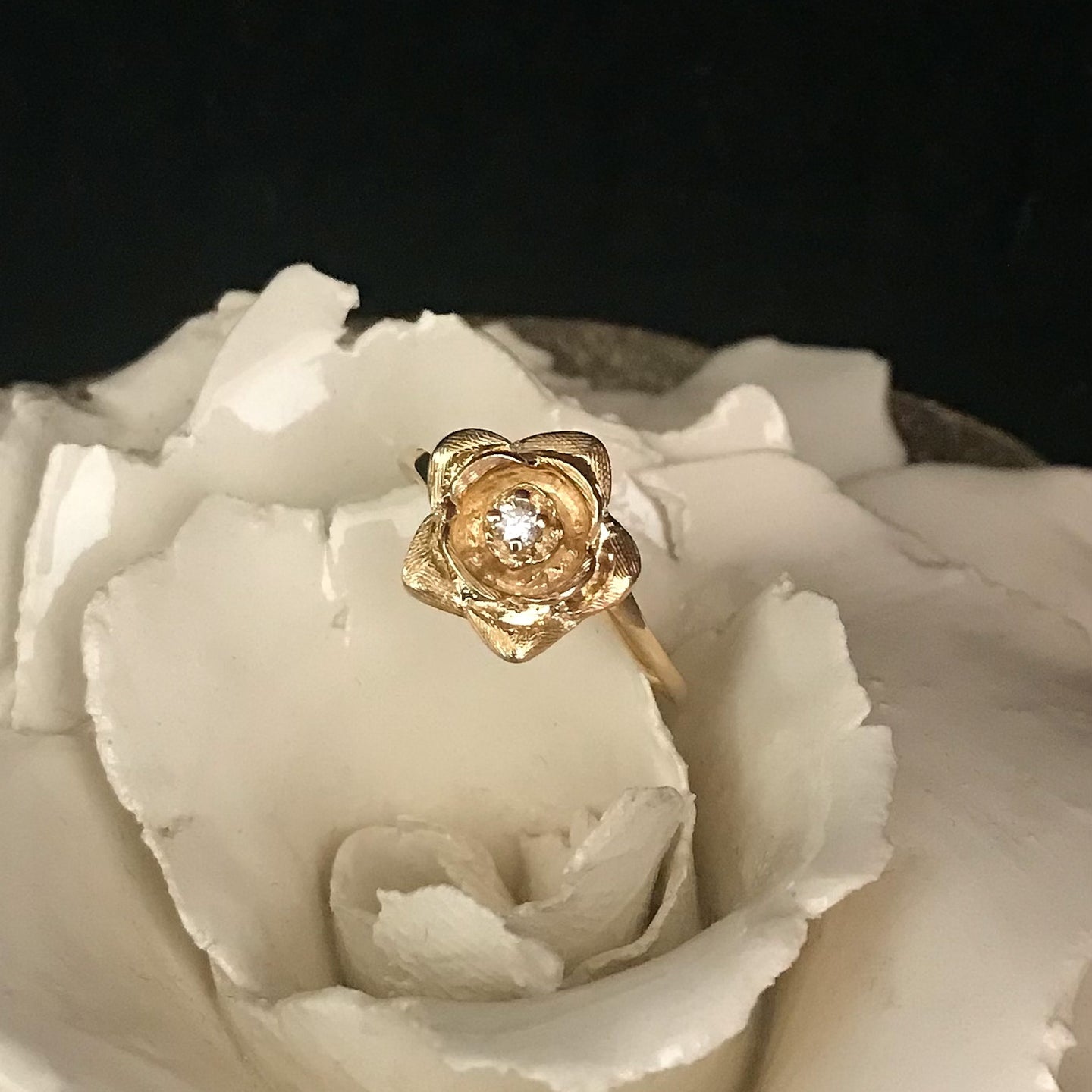 14kt Yellow Gold Flower Ring with Diamond Center