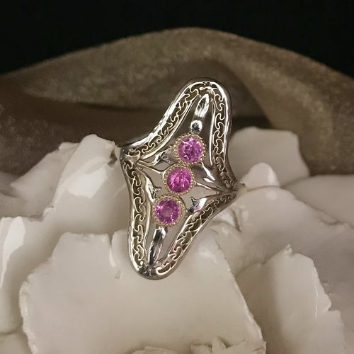 10Kt Two Tone Filigree Ring with Pink Stones